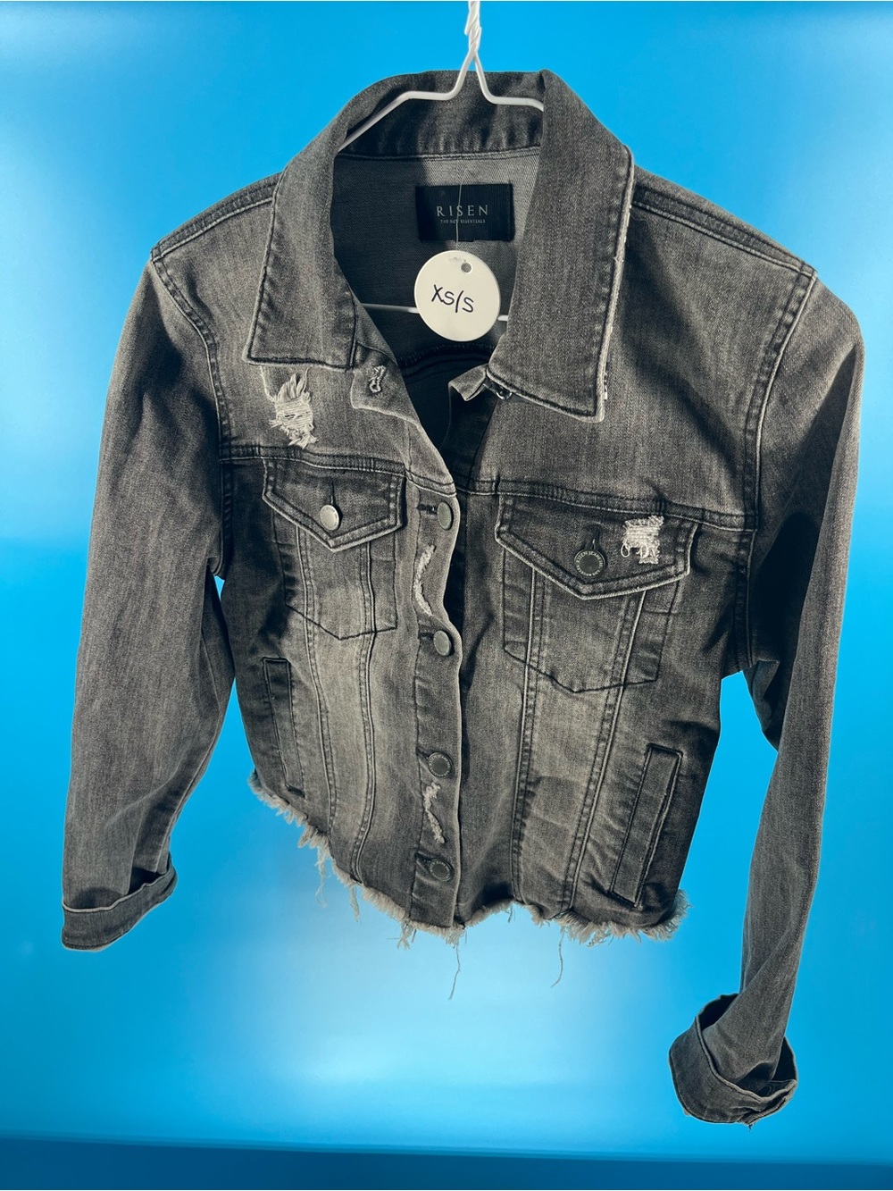 Risen Women's Black Distressed Cropped Denim Jacket